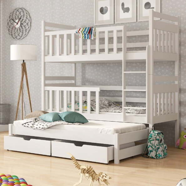 Krakow Wooden Bunk Bed Foam Mattress And Trundle In Matt White