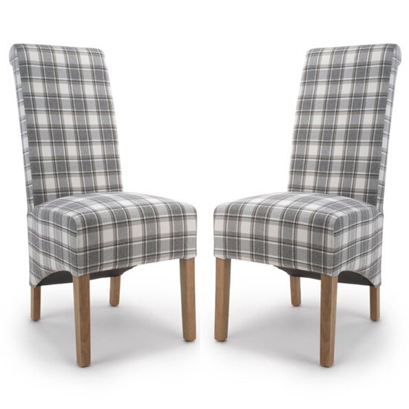 Kyoto Check Cappuccino Fabric Dining Chairs With Oak Leg In Pair