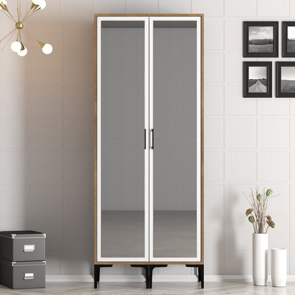Kumsal Mirrored Wardrobe with 2 Doors in White and Walnut