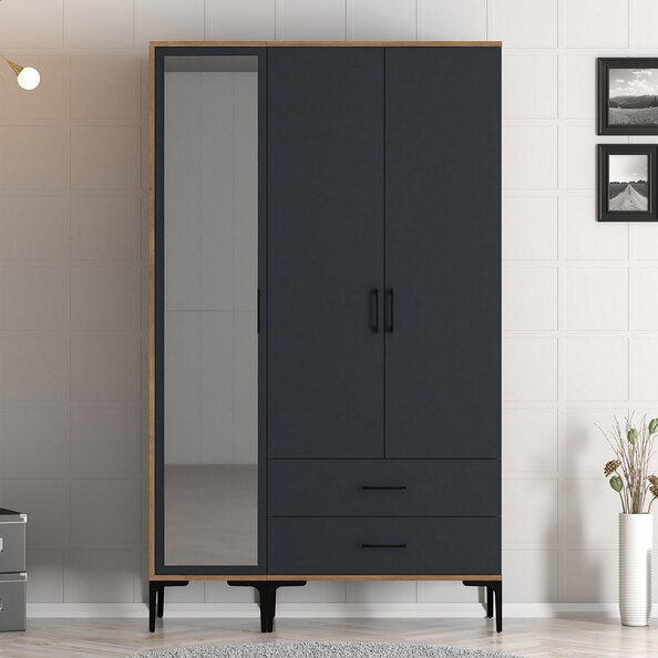 Kumsal Wooden Mirror Wardrobe with 3 Doors in Anthracite and Walnut