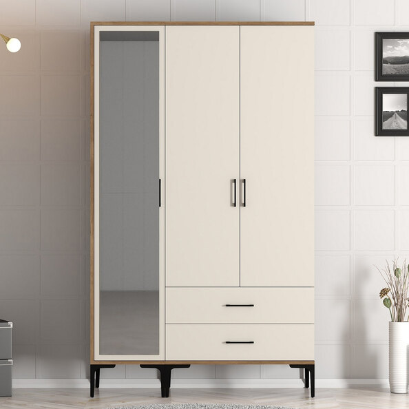 Kumsal Wooden Mirror Wardrobe with 3 Doors in Cream and Walnut