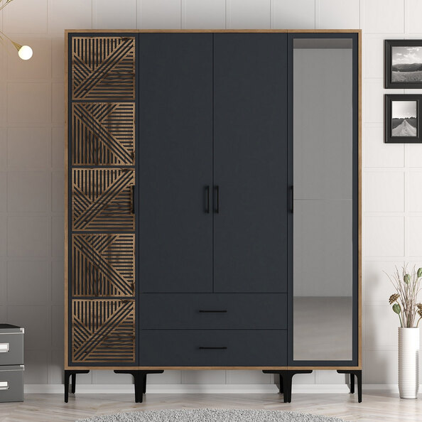 Kumsal Wooden Mirror Wardrobe with 4 Doors 2 Drawers in Anthracite and Walnut