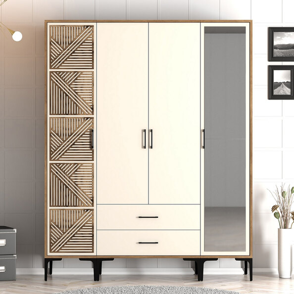 Kumsal Wooden Mirror Wardrobe with 4 Doors 2 Drawers in Cream and Walnut