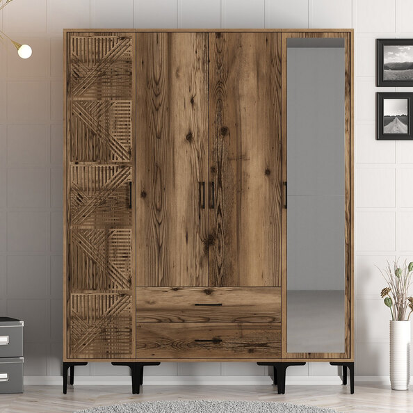 Kumsal Wooden Mirror Wardrobe with 4 Doors 2 Drawers in Walnut