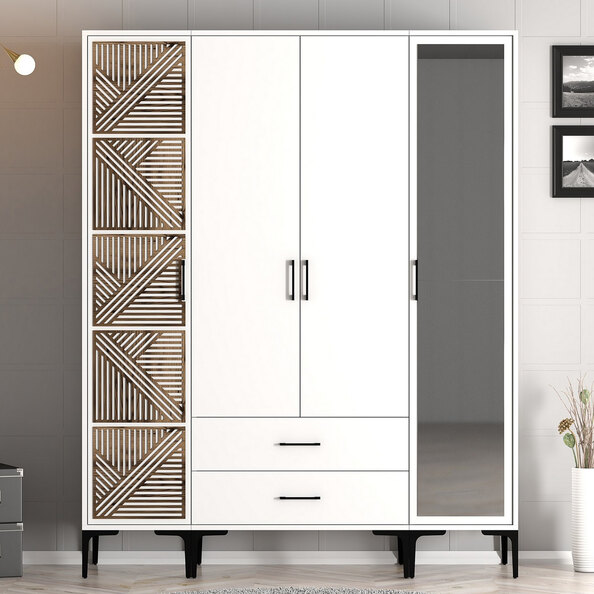 Kumsal Wooden Mirror Wardrobe with 4 Doors 2 Drawers in White