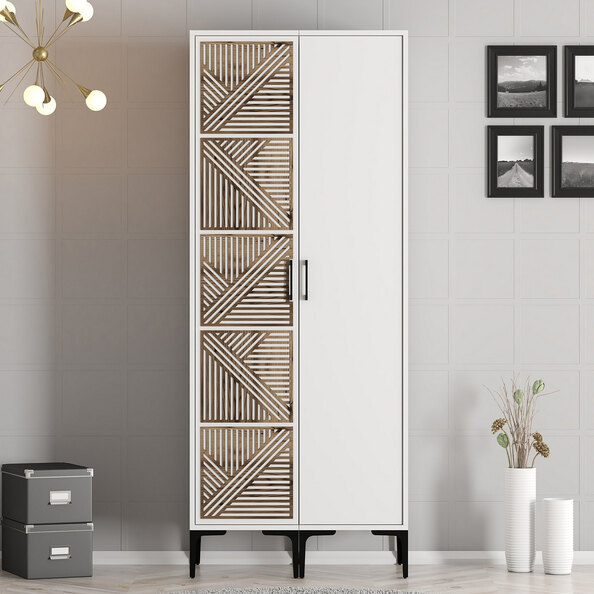 Kumsal Wooden Wardrobe with 1 Geometric Slatted Door in White