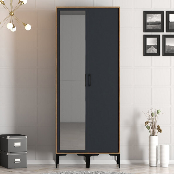 Kumsal Wooden Wardrobe with 1 Left Mirror Door in Anthracite and Walnut