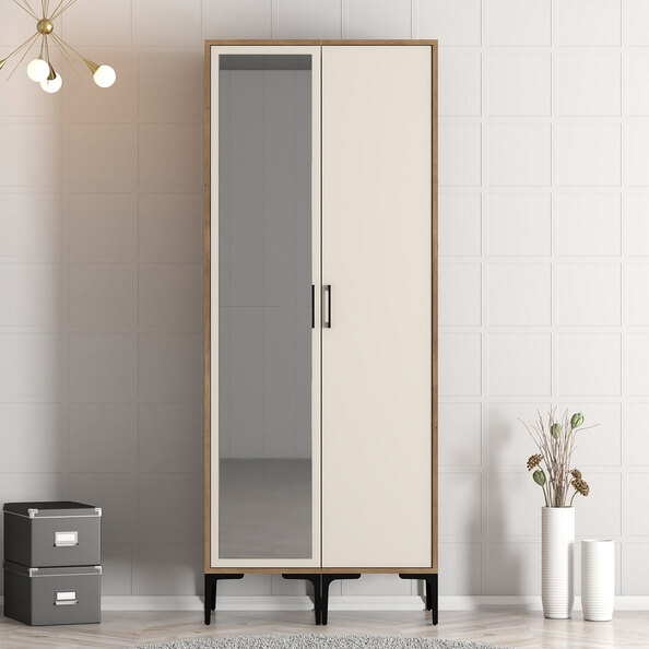 Kumsal Wooden Wardrobe with 1 Left Mirror Door in Cream and Walnut