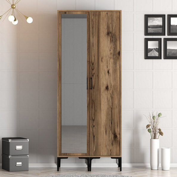 Kumsal Wooden Wardrobe with 1 Left Mirror Door in Walnut