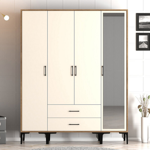 Kumsal Wooden Wardrobe with 1 Mirror Door 2 Drawers in Cream and Walnut
