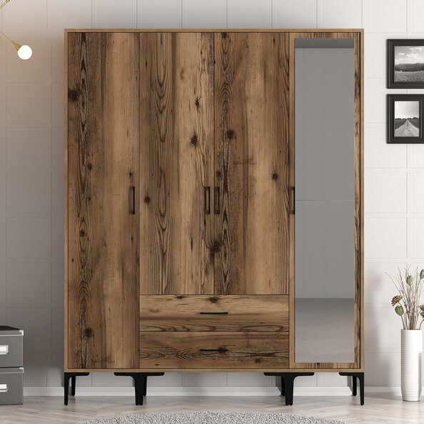 Kumsal Wooden Wardrobe with 1 Mirror Door 2 Drawers in Walnut