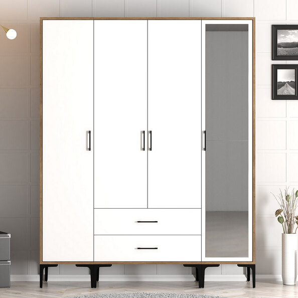 Kumsal Wooden Wardrobe with 1 Mirror Door 2 Drawers in White and Walnut