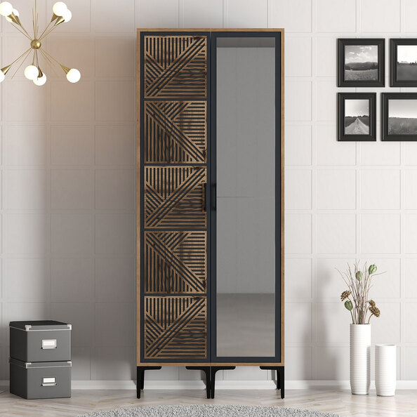 Kumsal Wooden Wardrobe with 1 Right Mirror Door in Anthracite and Walnut