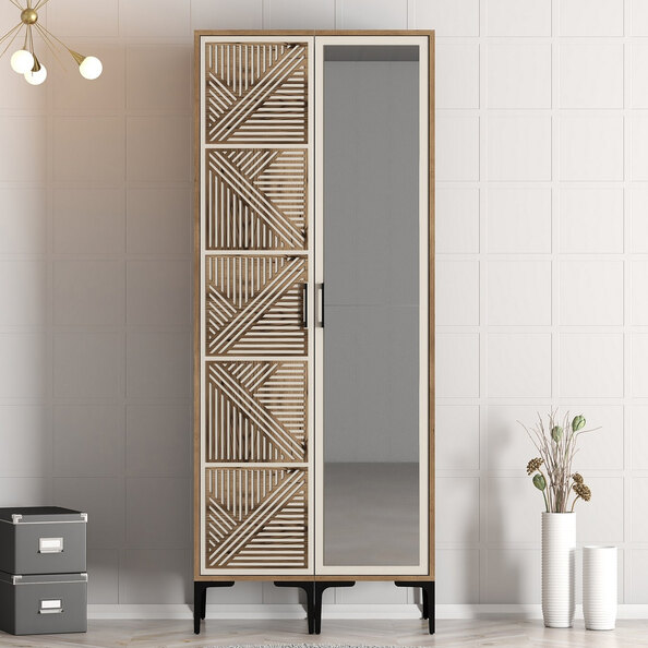 Kumsal Wooden Wardrobe with 1 Right Mirror Door in Cream and Walnut