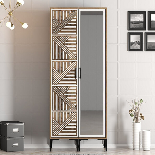 Kumsal Wooden Wardrobe with 1 Right Mirror Door in White and Walnut