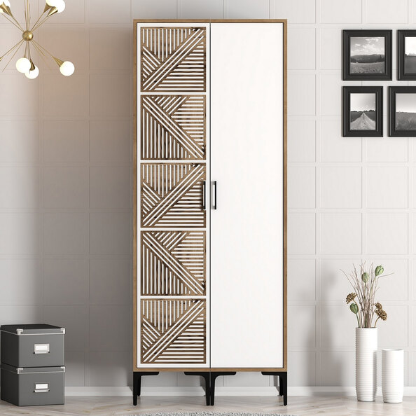 Kumsal Wooden Wardrobe with 1 White Geometric Slatted Door in Walnut