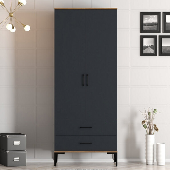 Kumsal Wooden Wardrobe with 2 Anthracite Doors 2 Drawers in Walnut
