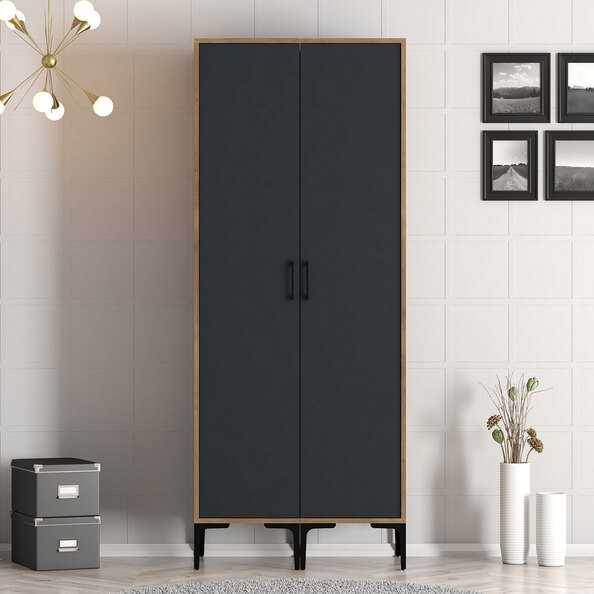 Kumsal Wooden Wardrobe with 2 Anthracite Doors in Walnut