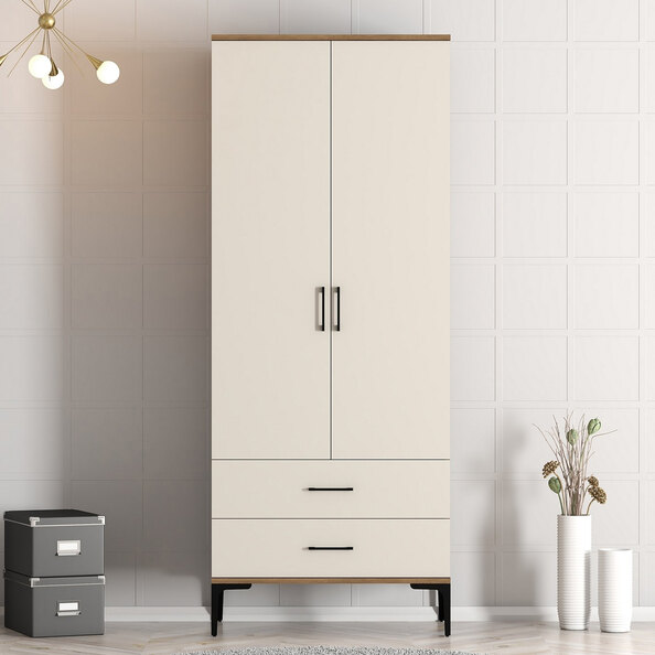 Kumsal Wooden Wardrobe with 2 Cream Doors 2 Drawers in Walnut