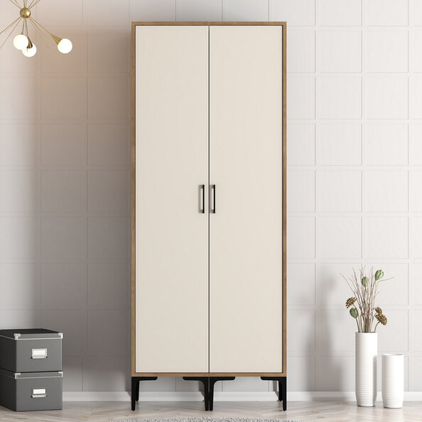 Kumsal Wooden Wardrobe with 2 Cream Doors in Walnut