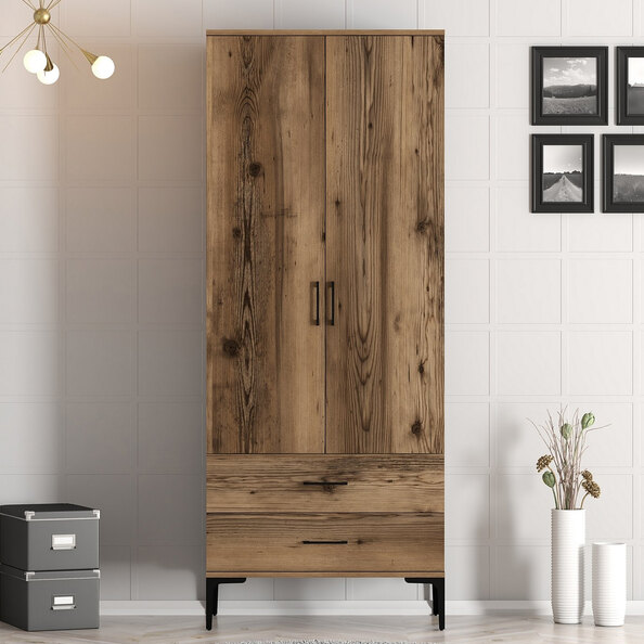 Kumsal Wooden Wardrobe with 2 Doors 2 Drawers in Walnut