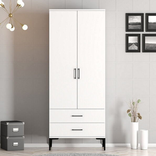 Kumsal Wooden Wardrobe with 2 Doors 2 Drawers in White