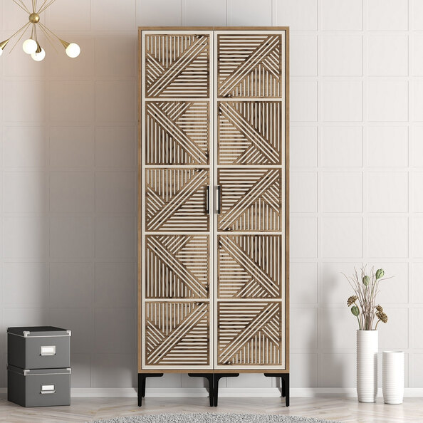 Kumsal Wooden Wardrobe with 2 Doors in Walnut and Cream