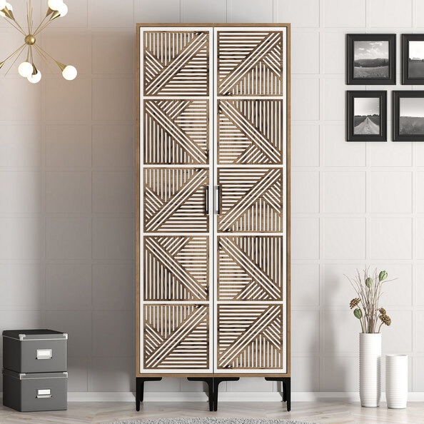 Kumsal Wooden Wardrobe with 2 Doors in White and Walnut