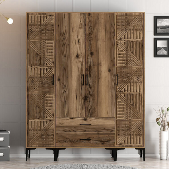 Kumsal Wooden Wardrobe with 2 Geometric Slatted Doors 2 Drawers in Walnut