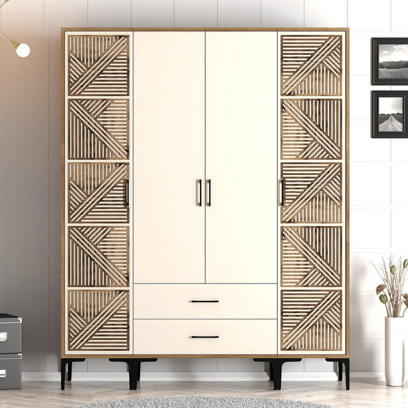 Kumsal Wooden Wardrobe with 2 Geometric Slatted Doors in Walnut and Cream