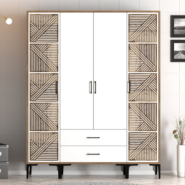 Kumsal Wooden Wardrobe with 2 Geometric Slatted Doors in Walnut and White