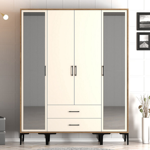 Kumsal Wooden Wardrobe with 2 Mirror Doors 2 Drawers in Cream and Walnut