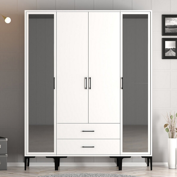 Kumsal Wooden Wardrobe with 2 Mirror Doors 2 Drawers in White
