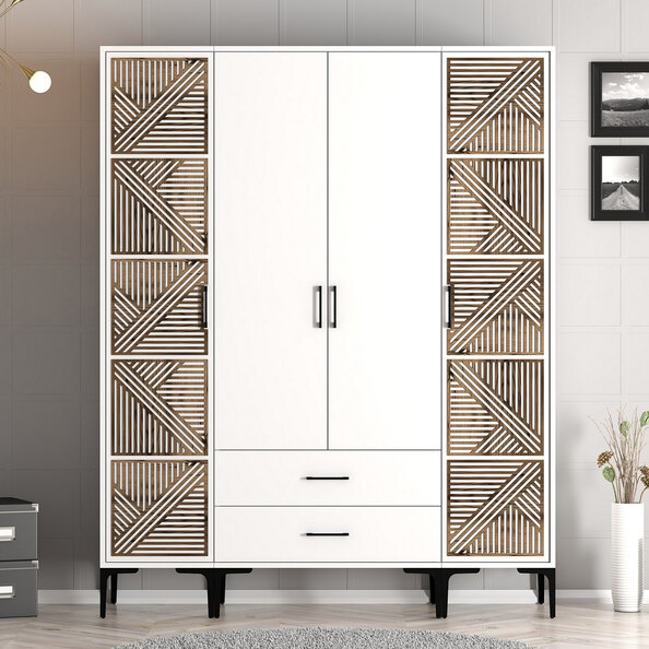 Kumsal Wooden Wardrobe with 2 Walnut Geometric Slatted Doors in White