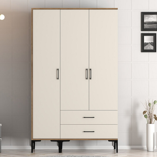 Kumsal Wooden Wardrobe with 3 Cream Doors in Walnut