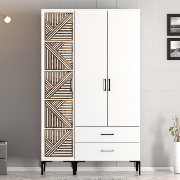 Kumsal Wooden Wardrobe with 3 Doors 2 Drawers in White