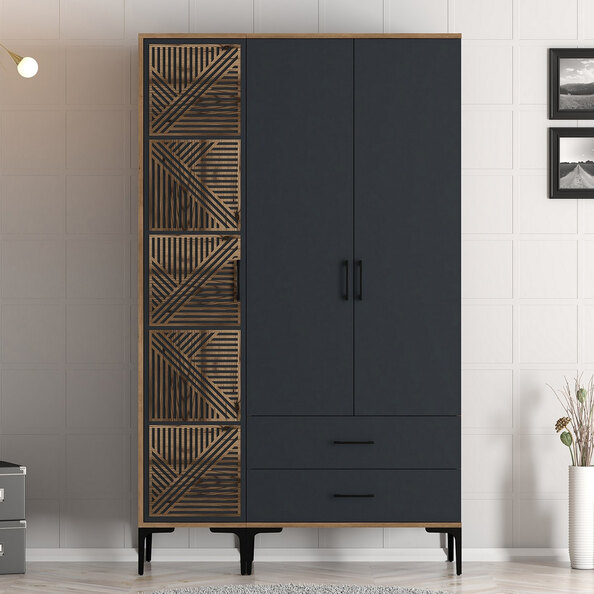 Kumsal Wooden Wardrobe with 3 Doors in Anthracite and Walnut