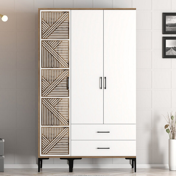 Kumsal Wooden Wardrobe with 3 Doors in White and Walnut