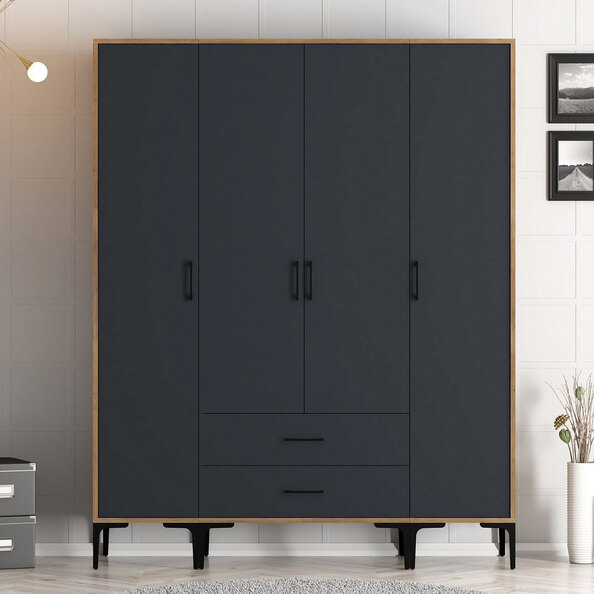 Kumsal Wooden Wardrobe with 4 Anthracite Doors in Walnut