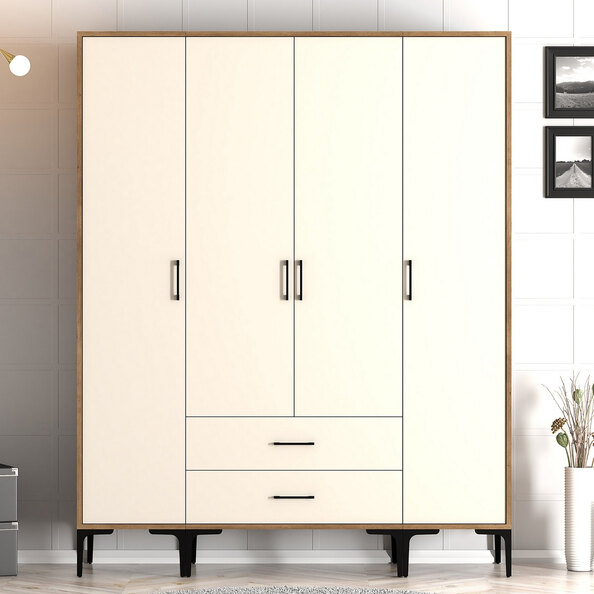 Kumsal Wooden Wardrobe with 4 Cream Doors in Walnut