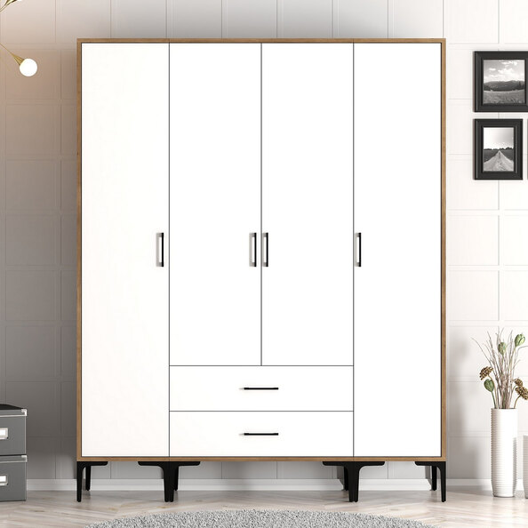 Kumsal Wooden Wardrobe with 4 Doors 2 Drawers in White and Walnut