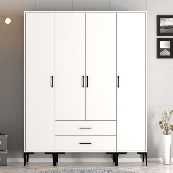 Kumsal Wooden Wardrobe with 4 Doors 2 Drawers in White