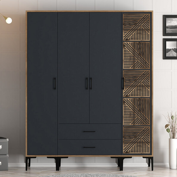 Kumsal Wooden Wardrobe with 4 Doors in Anthracite and Walnut