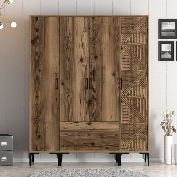 Kumsal Wooden Wardrobe with 4 Doors in Walnut