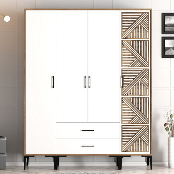 Kumsal Wooden Wardrobe with 4 Doors in White and Walnut