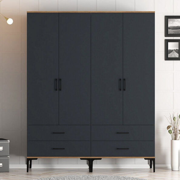 Kumsal Wooden Wardrobe with Anthracite 4 Doors 4 Drawers in Walnut