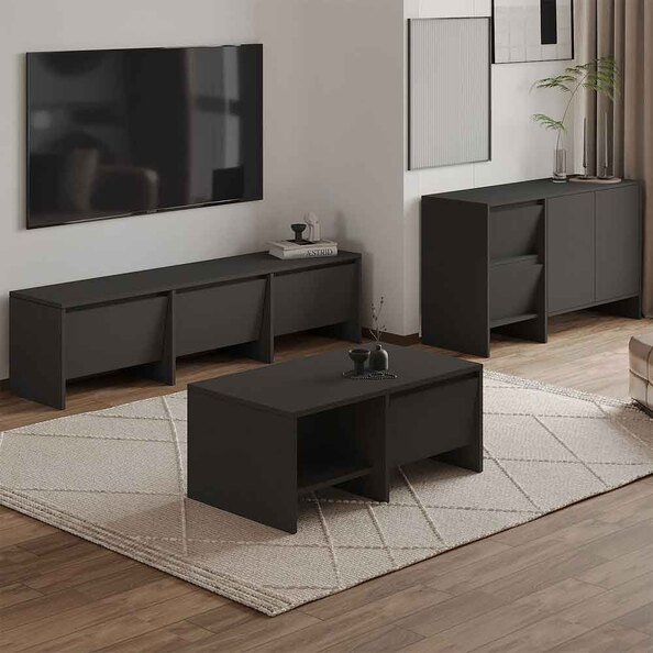 Lacin Wooden Living Room Furniture Set in Anthracite