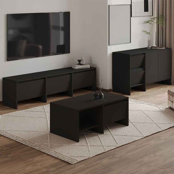Lacin Wooden Living Room Furniture Set in Black