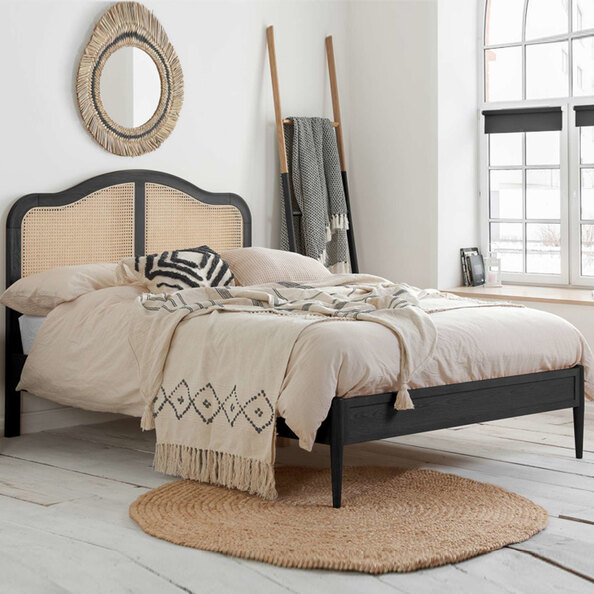 Ladson Wooden Double Bed With Rattan Headboard In Black