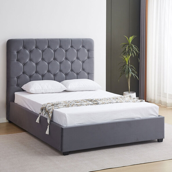 Laelio Velvet Fabric Double Bed in Grey